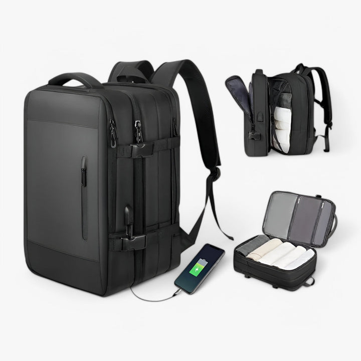 Elegante zaino nero multiscomparto da donna, perfetto per viaggi e uso quotidiano organizzato.
