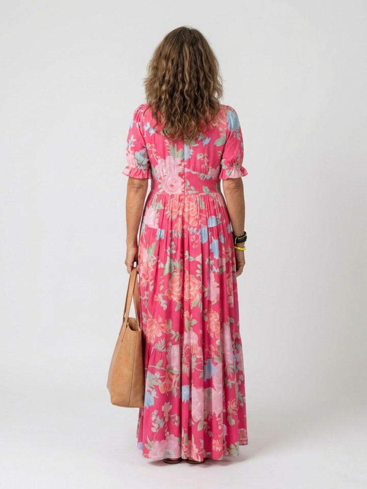 Abito floreale midi casual per donna, scollo a V. Perfetto per giornate estive e look da vacanza comodi.