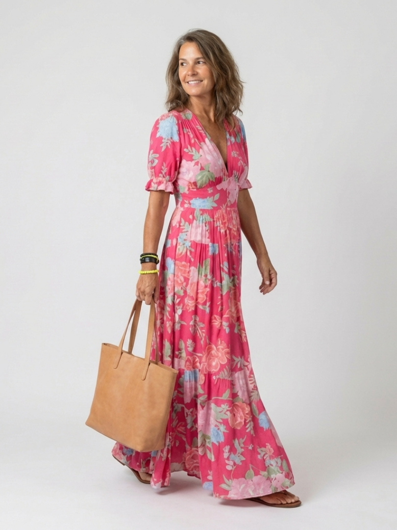 Abito midi floreale da donna con scollo a V e maniche corte. Stile femminile ed elegante per l'estate.