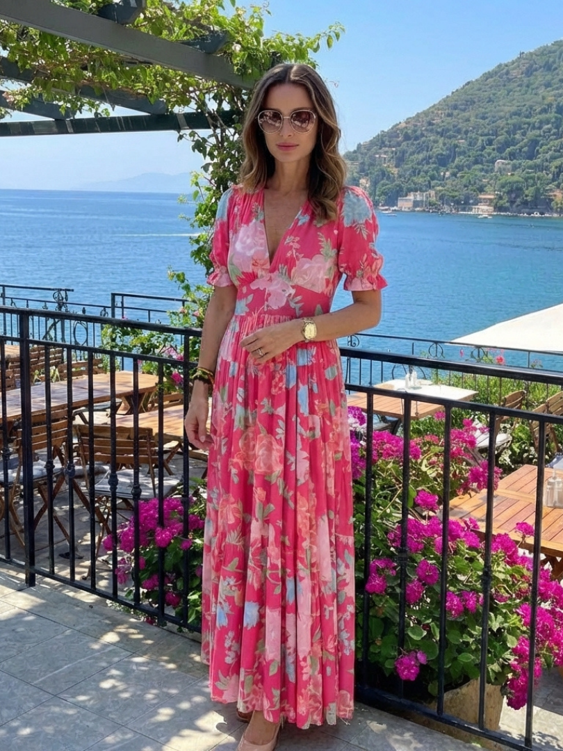 Abito donna midi floreale con scollo a V, motivo floreale vivace. Maniche corte, ideale per le calde giornate estive.
