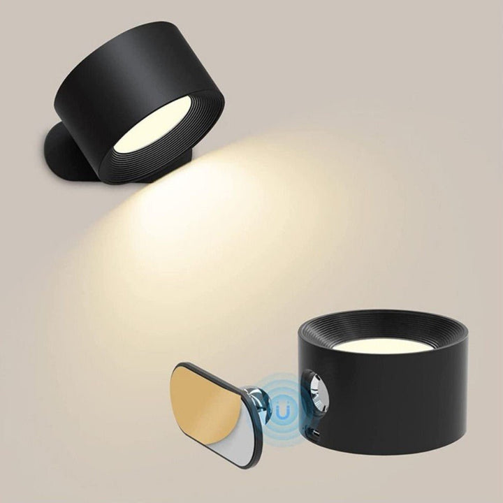 Lampada da parete magnetica LED, wireless e ricaricabile, con testa orientabile 360° per interni moderni.