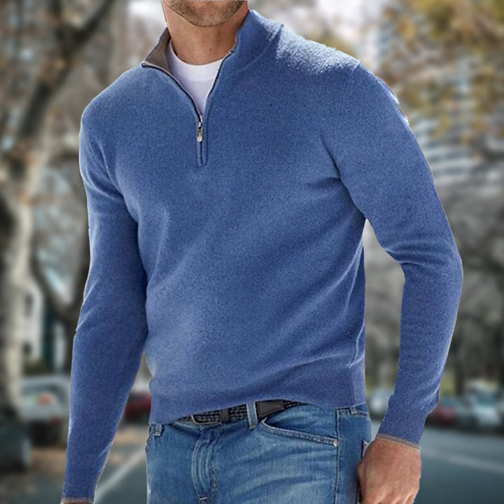 Maglione uomo mezza zip in maglieria calda, perfetto per un look casual elegante autunno inverno. Comfort quotidiano.