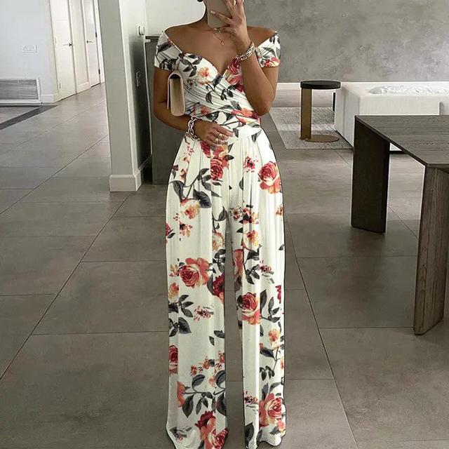 Tuta jumpsuit donna leggera stampata off shoulder, perfetta per l'estate.