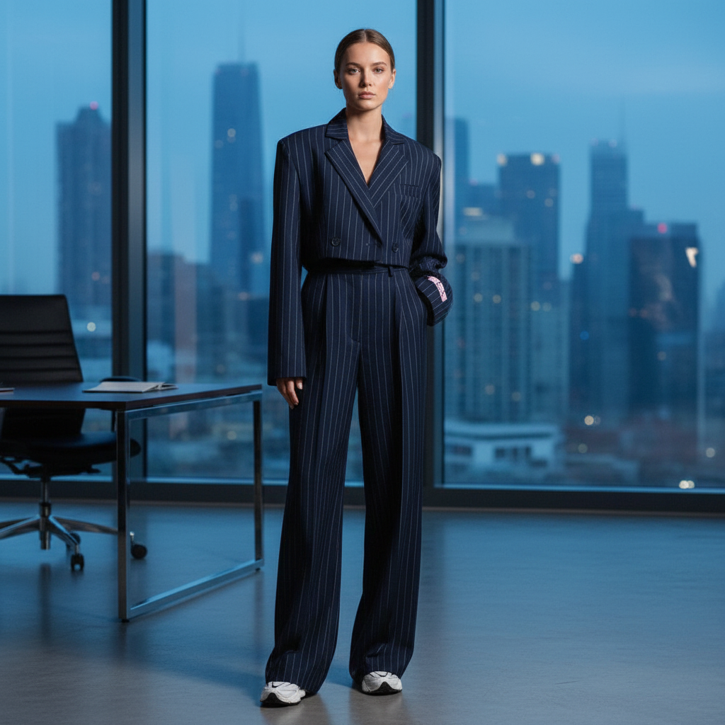 Elegante completo blazer e pantaloni gessato donna. Ideale per ufficio e look formale.