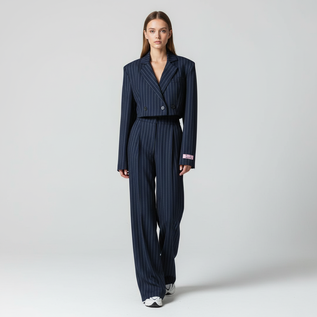 Blazer gessato donna blu navy, parte del completo elegante. Perfetto per abbigliamento formale e ufficio.