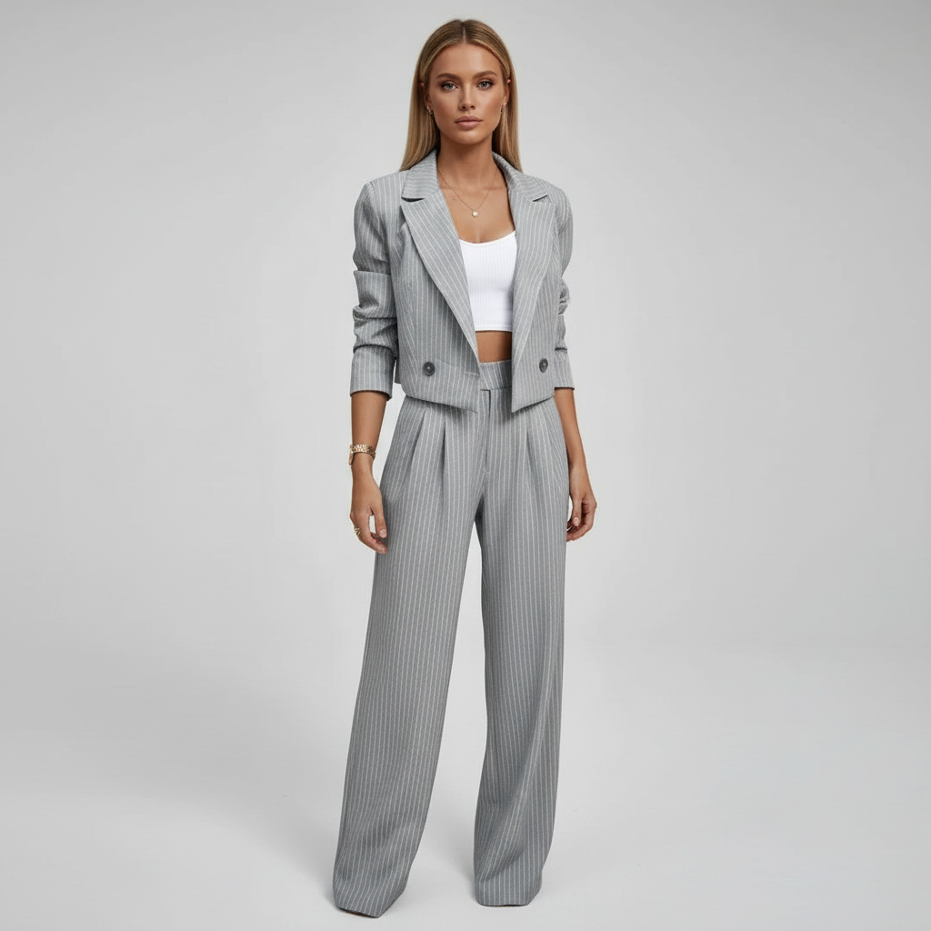 Moda donna: completo gessato con blazer e pantaloni eleganti. Versatile per look formali o smart casual.