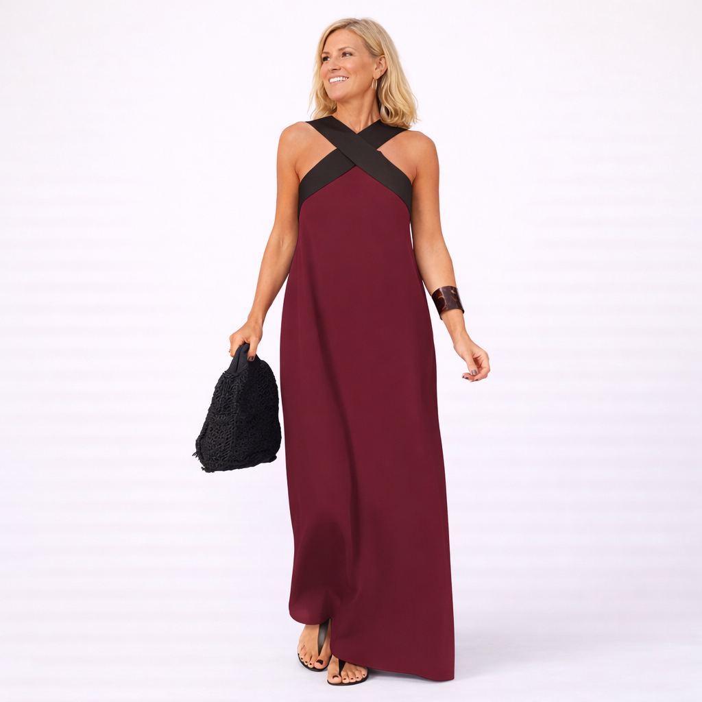 Abito lungo estivo casual elegante da donna, con scollo incrociato, perfetto per ogni occasione.