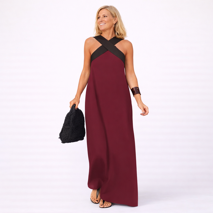Abito lungo estivo casual elegante da donna, con scollo incrociato, perfetto per ogni occasione.