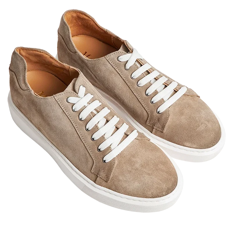 Scarpe rialzate taupe da uomo con rialzo 6 cm. Sneakers Camogli eleganti, casual e confortevoli.