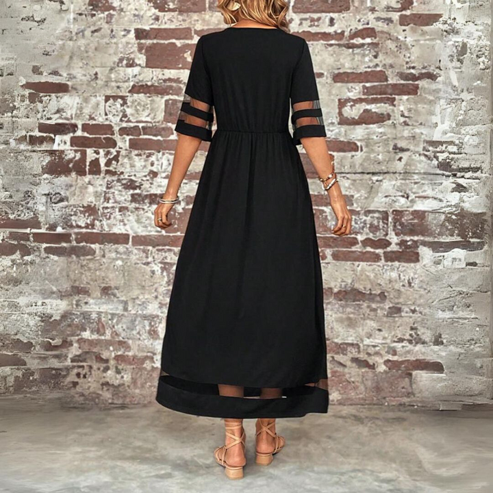 Elegante abito lungo da sera svasato per donna, ideale per un look formale e distinto.