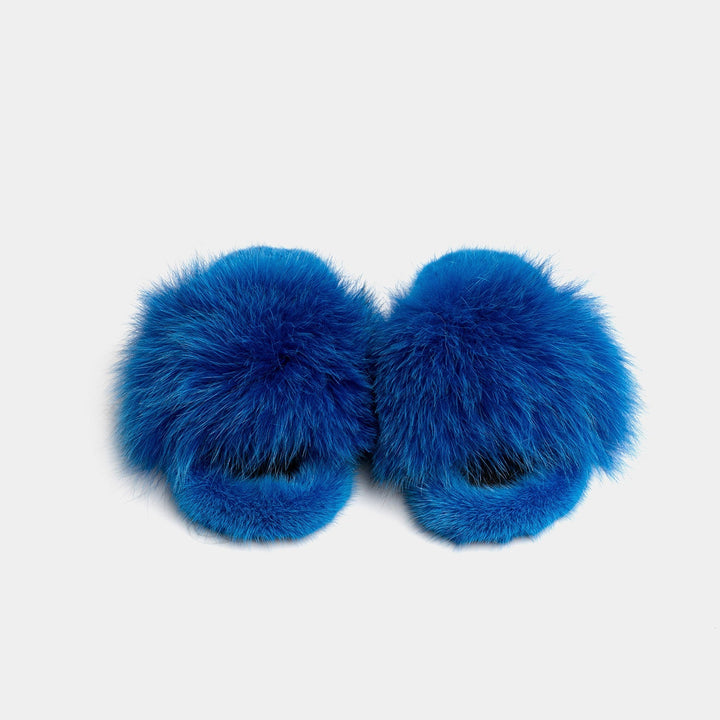 Pantofole donna blu ultra morbide con pelliccia di visone e volpe. Comfort e stile per la casa, un regalo di lusso.