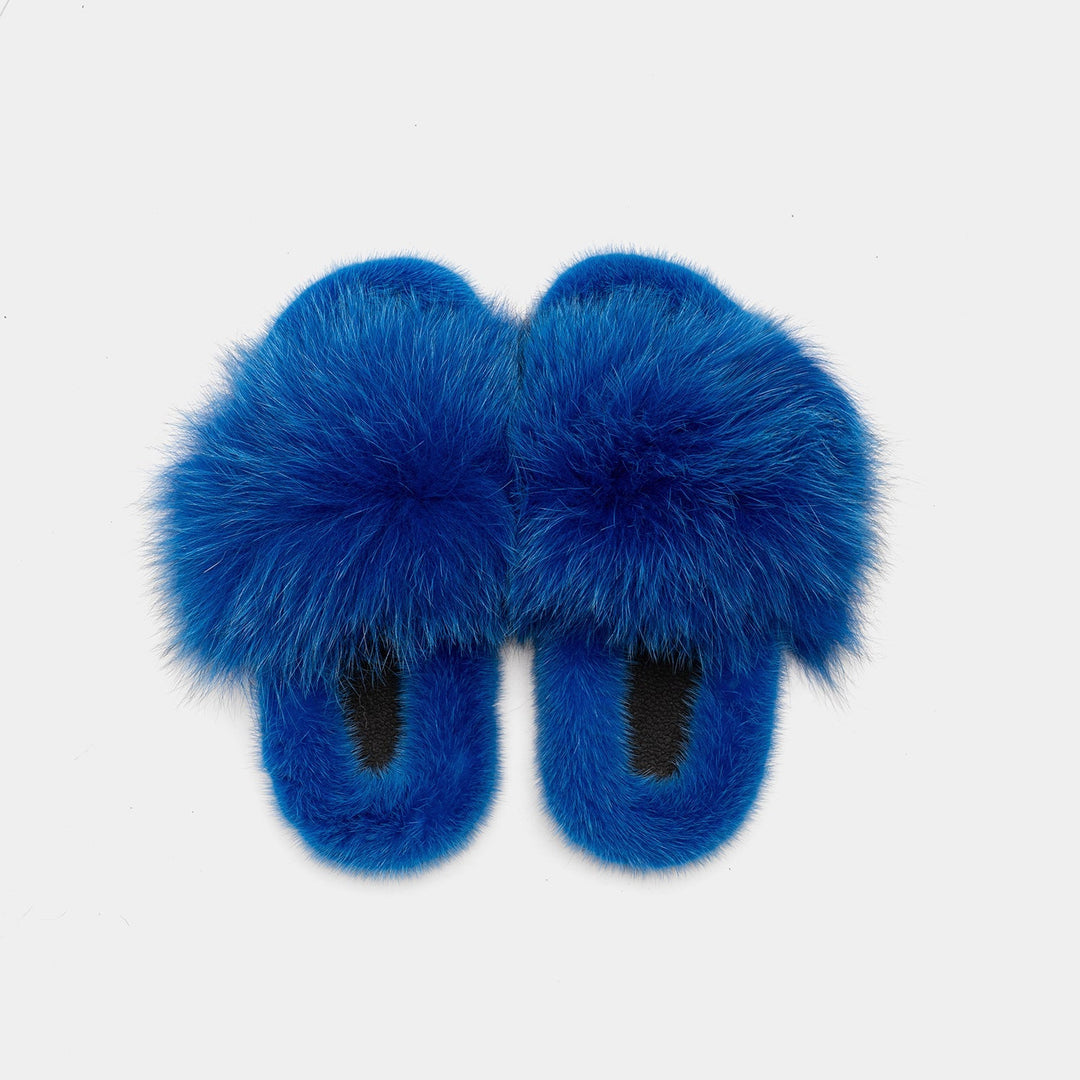Pantofole donna blu, in pelliccia di volpe e visone, per un comfort lussuoso e piedi sempre caldi a casa in inverno.