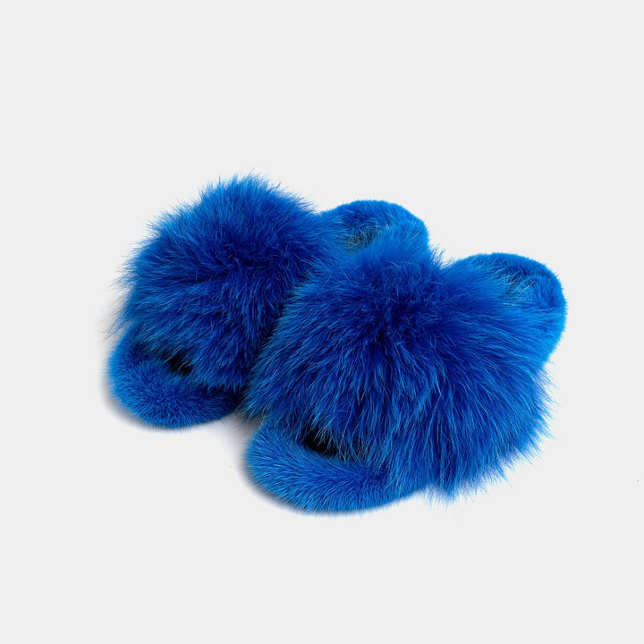 Pantofole donna blu in pelliccia di visone e volpe, morbide e calde per il comfort di casa.
