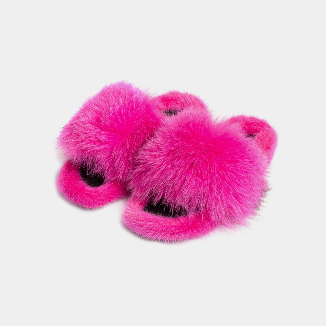Pantofole fucsia da donna, morbide, con soffice pelliccia e suola antiscivolo per il massimo comfort in casa.