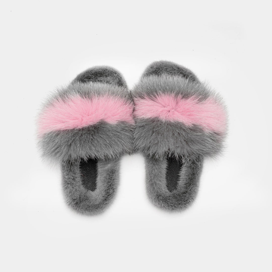 Pantofole donna lussuose in peluche grigio e rosa, per una sensazione di morbidezza e comfort.