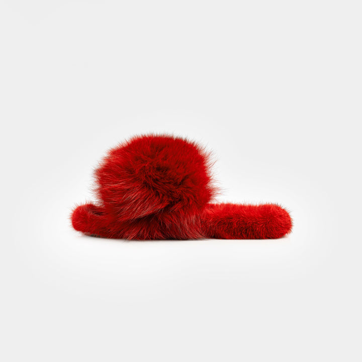 Pantofole rosse da donna, morbide e calde, con vera pelliccia di volpe e visone, ideali per l'inverno.