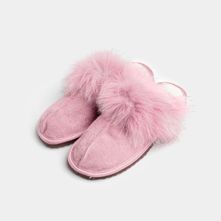 Pantofole donna chiuse in pelle scamosciata rosa con morbida pelliccia di volpe, comfort lussuoso.