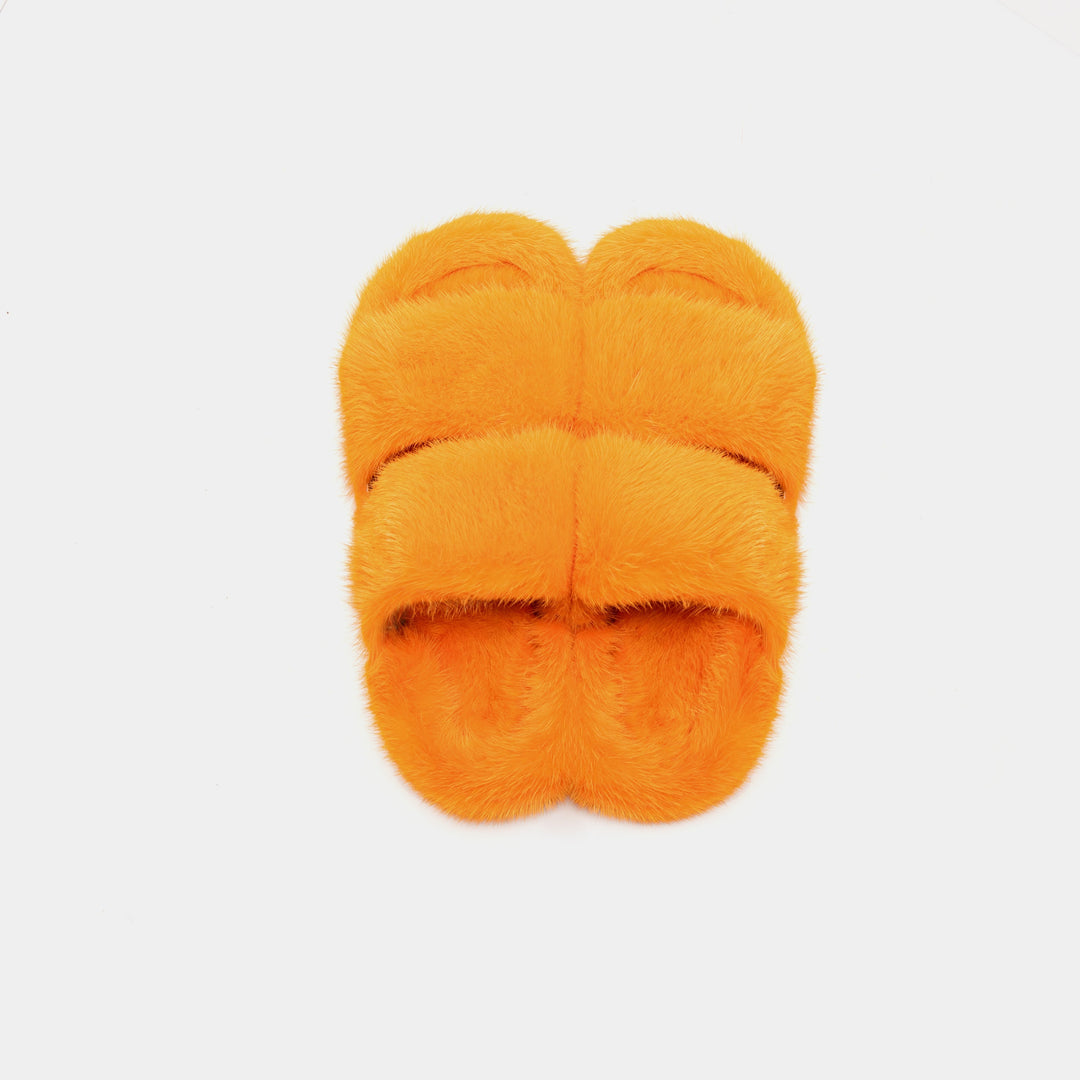 Pantofole arancioni da donna in visone, super morbide e calde, con doppia fascia per il massimo comfort casalingo.