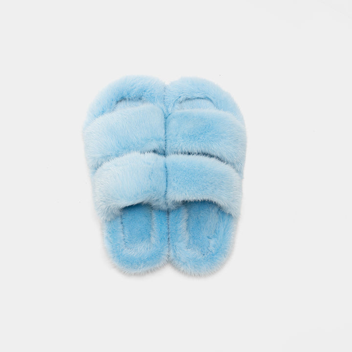 Pantofole da donna azzurre in visone con confortevole doppia fascia. Morbide e accoglienti, ideali per la casa.