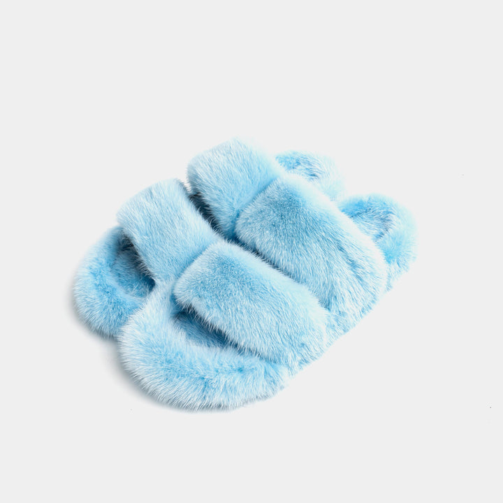 Pantofole donna azzurre in visone, design a doppia fascia morbida. Ideali per relax e comfort a casa.