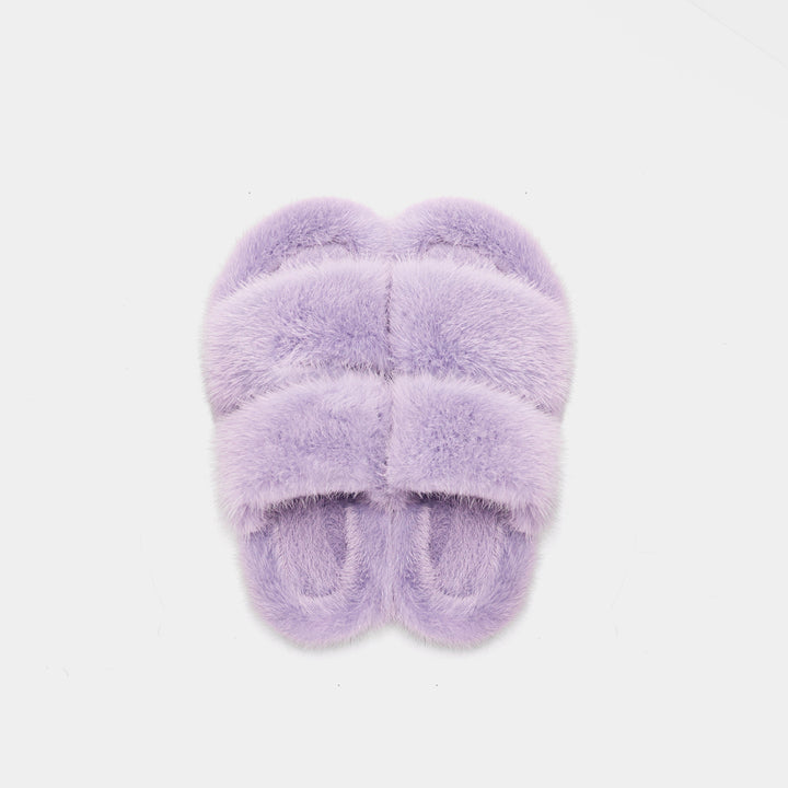 Pantofole moda casa donna lilla, in visone ultra-morbido, con doppia fascia; perfette per relax e stile.