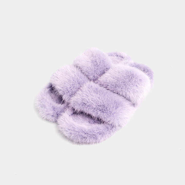 Pantofole lilla da donna in visone con doppia fascia, ideali per comfort e relax a casa.