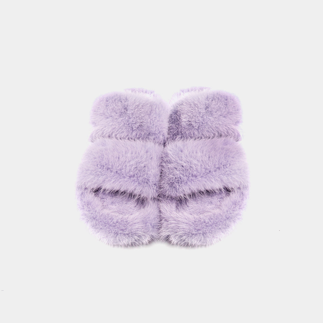 Pantofole da donna lilla lussuose, in visone con doppia fascia, offrono comfort e morbidezza per la casa.