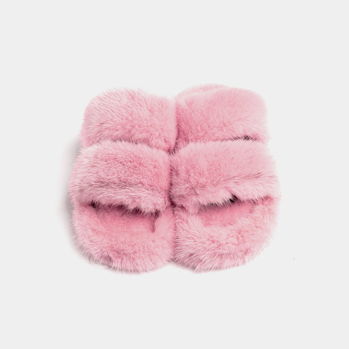 Pantofole donna rosa lussuose con morbide fasce in visone, per comfort avvolgente e relax a casa.