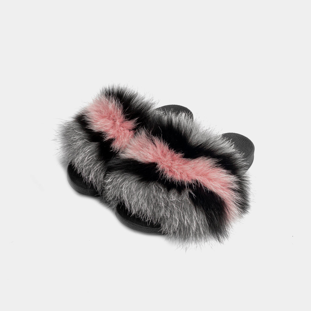 Pantofole donna di lusso con vera pelliccia di volpe grigia, nera o rosa. Comfort elegante per casa inverno.