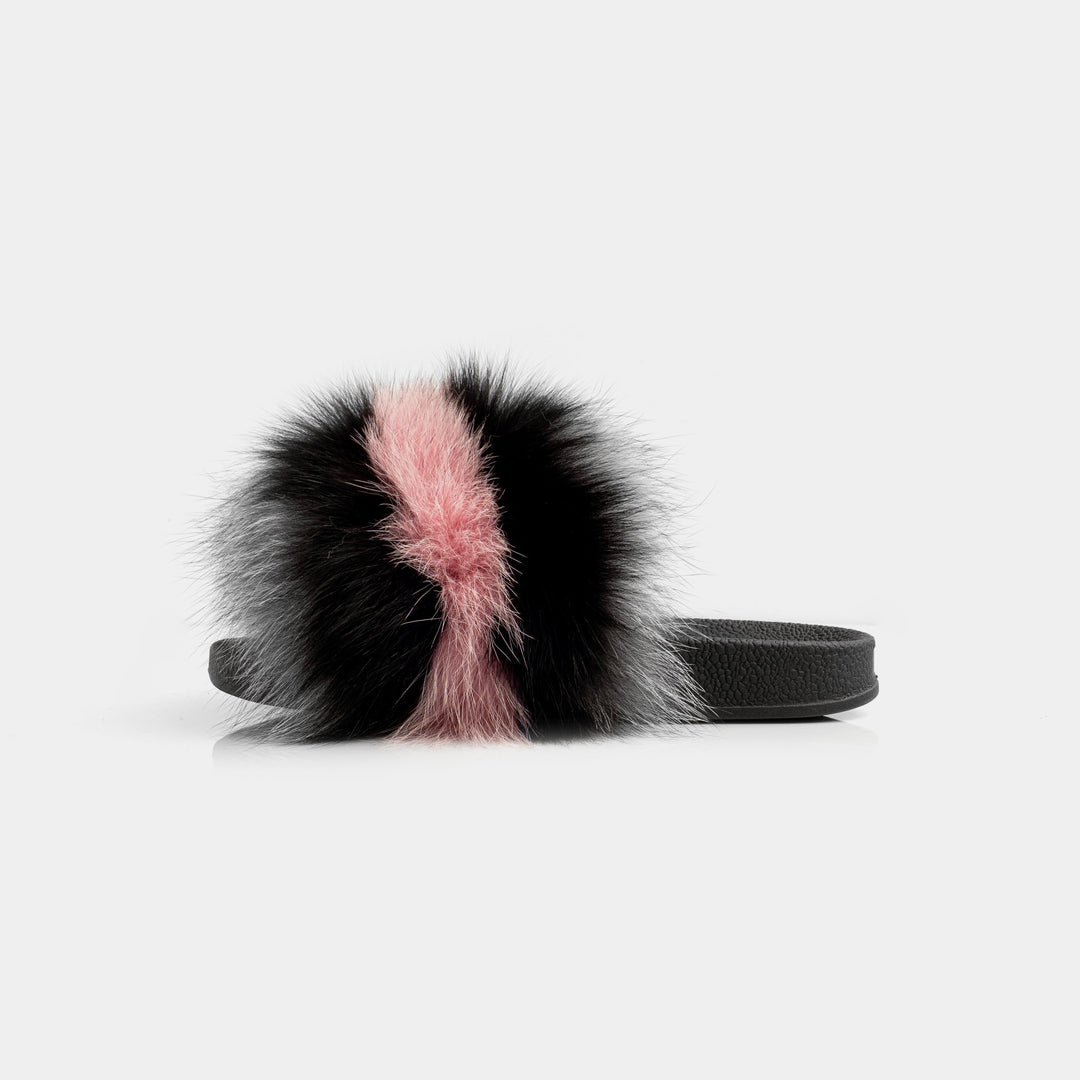 Pantofole donna lusso con morbida pelliccia di volpe: grigio, nero e rosa. Perfette per comfort casa inverno.