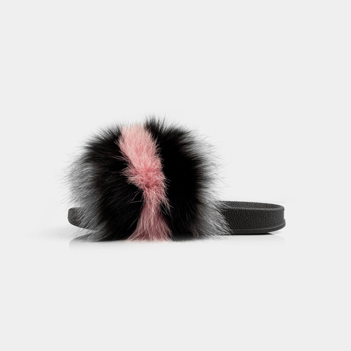 Pantofole donna lusso con morbida pelliccia di volpe: grigio, nero e rosa. Perfette per comfort casa inverno.