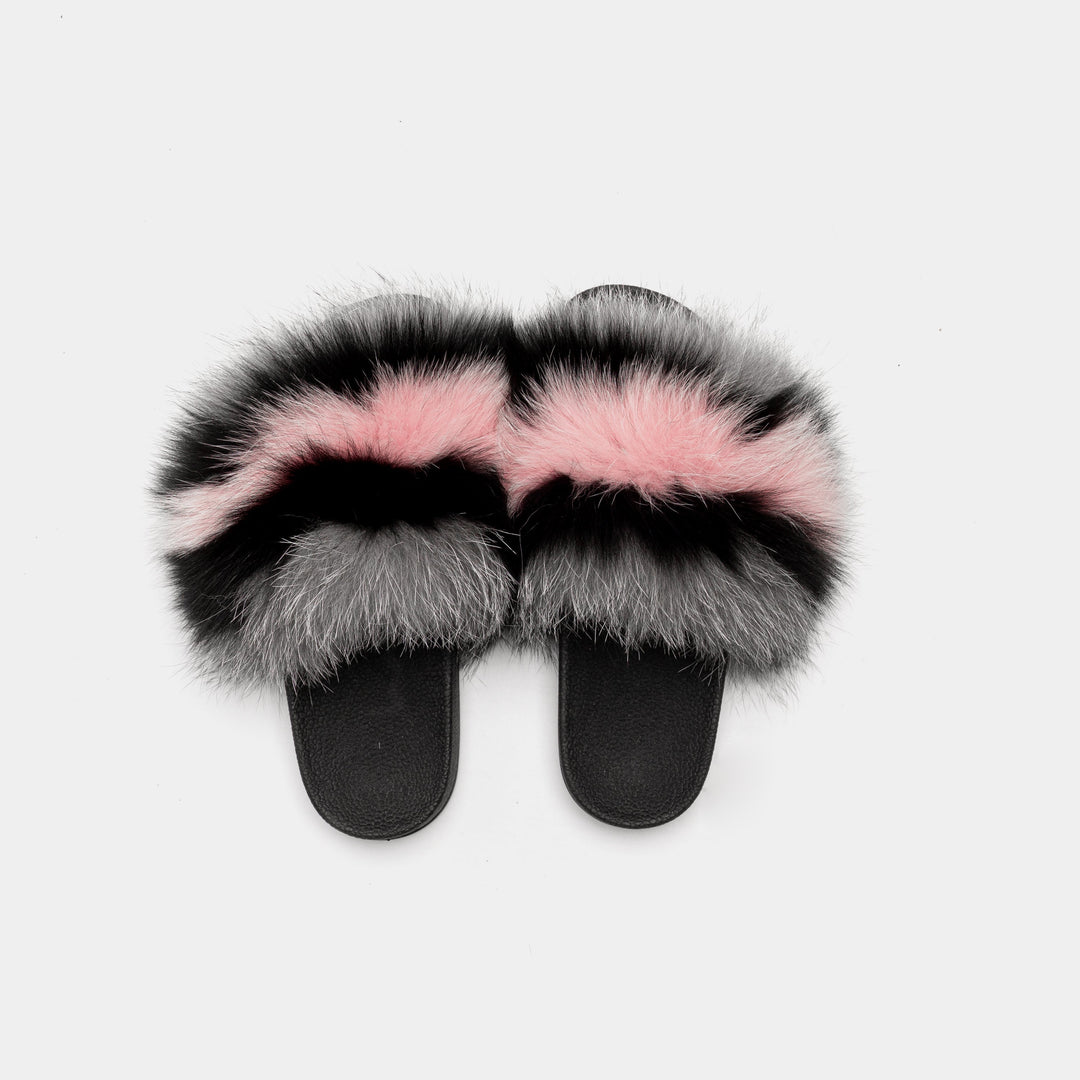 Pantofole donna eleganti con vera pelliccia di volpe nera, grigia o rosa. Comfort raffinato per casa inverno.