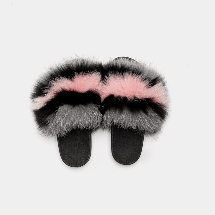 Pantofole donna eleganti con vera pelliccia di volpe nera, grigia o rosa. Comfort raffinato per casa inverno.