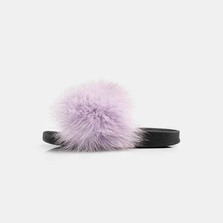 Pantofole donna lilla con pelliccia di volpe autentica, perfette per momenti di puro lusso e relax casalingo.
