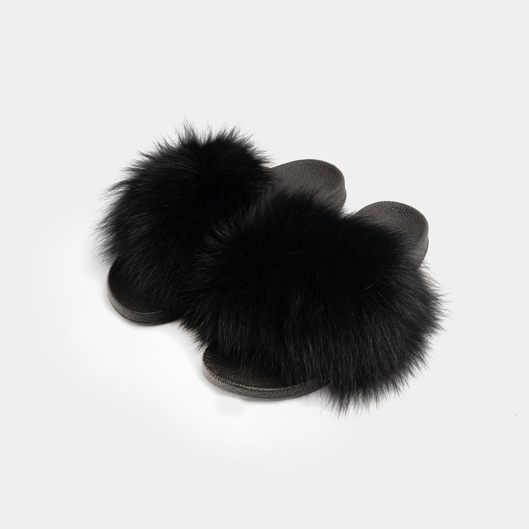 Pantofole donna nere morbide con pelliccia di volpe, suola antiscivolo. Perfette per casa e inverno, comfort lussuoso.