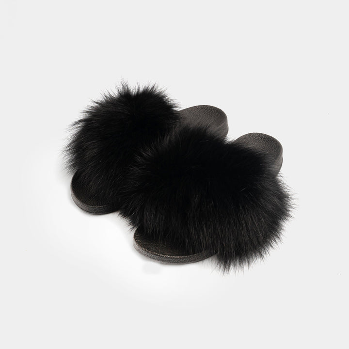 Pantofole donna nere morbide con pelliccia di volpe, suola antiscivolo. Perfette per casa e inverno, comfort lussuoso.
