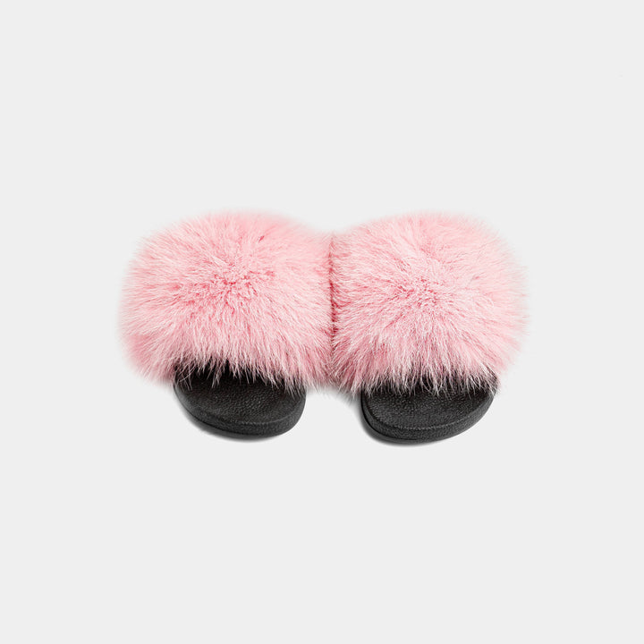 Pantofole da donna rosa, in vera pelliccia di volpe super morbida, per un comfort lussuoso e avvolgente a casa.