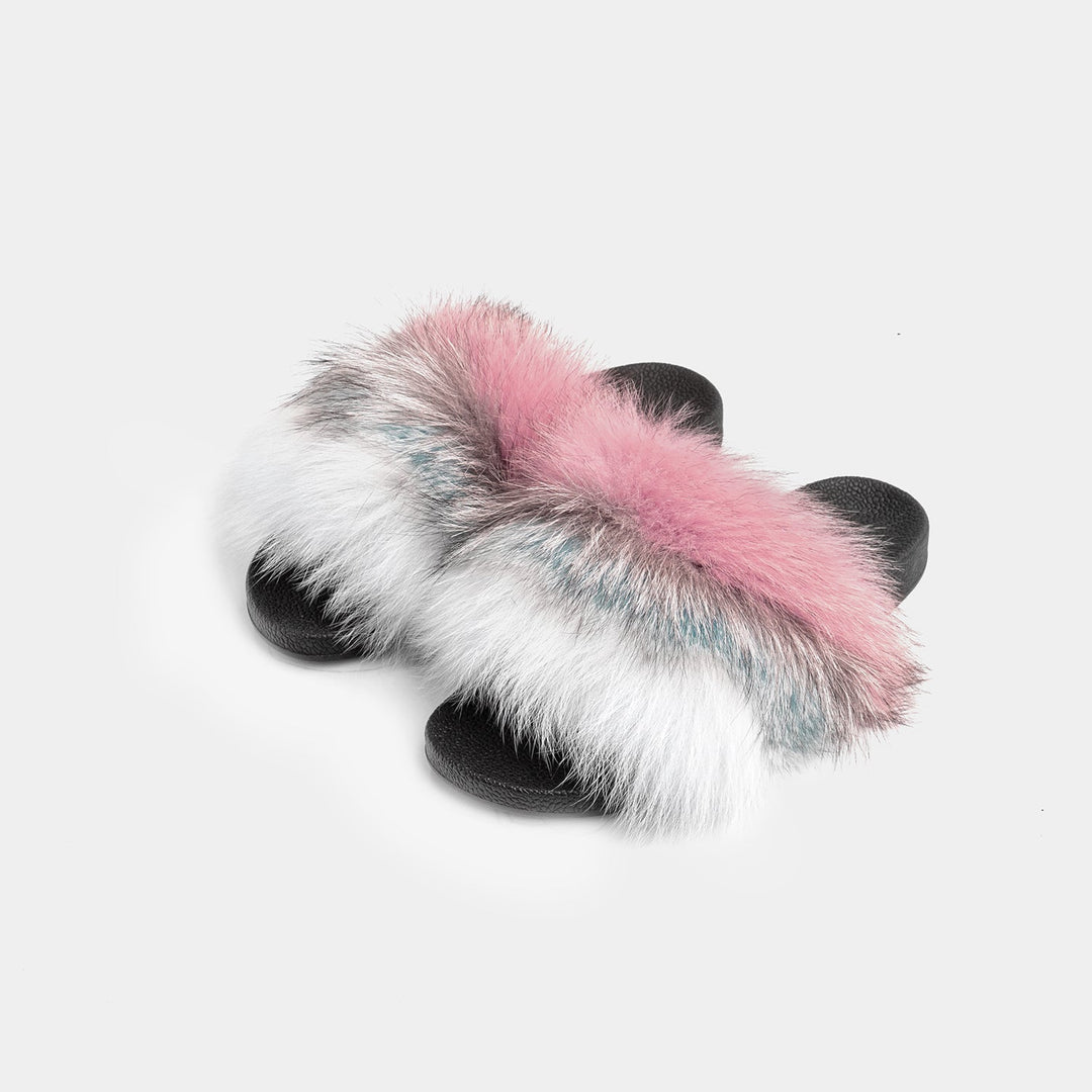 Pantofole donna multicolore con morbida fascia in pelliccia di volpe, ideali per comfort e lusso in casa.