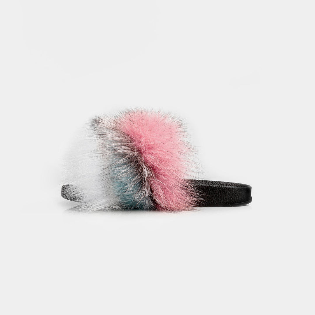 Lussuose pantofole da donna multicolore con vera pelliccia di volpe, aggiungono stile e calore per la casa.