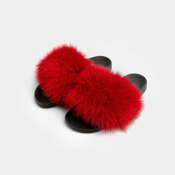 Pantofole donna rosse di lusso con pelliccia di volpe, perfette per comfort e stile in casa.