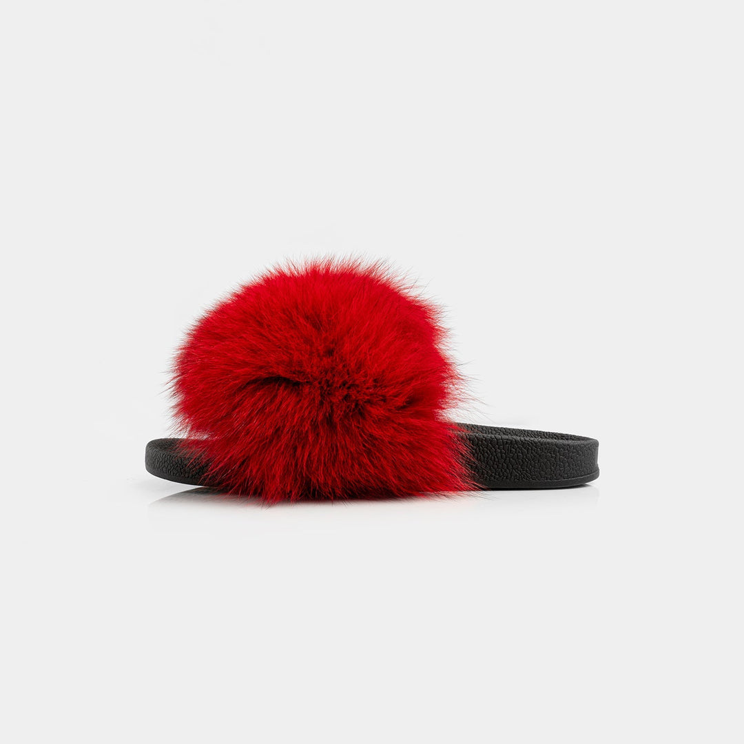 Pantofole donna rosse di lusso con vera pelliccia di volpe, comfort e stile per la casa.