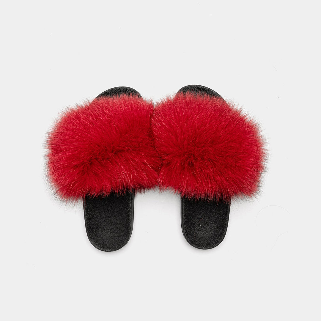 Pantofole donna di lusso rosse con pelliccia di volpe, un tocco elegante per il relax quotidiano.