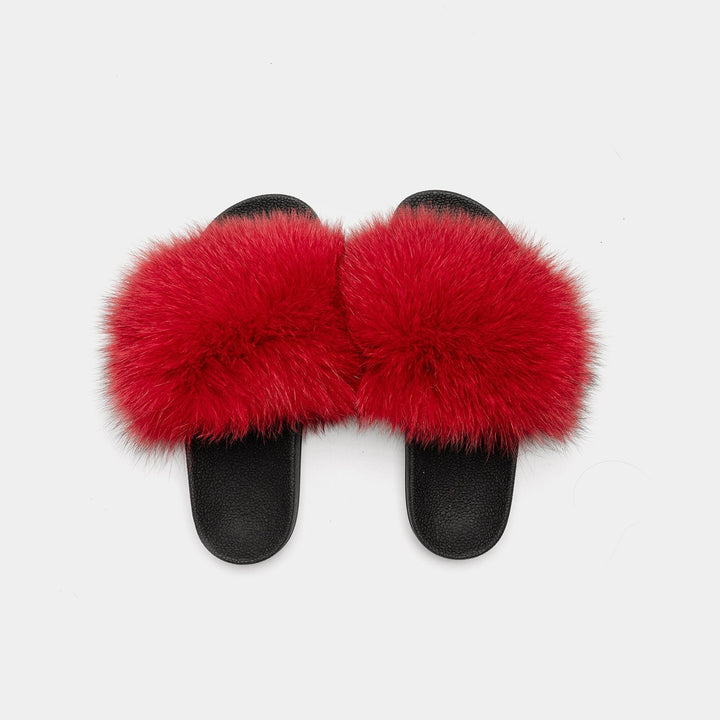 Pantofole donna di lusso rosse con pelliccia di volpe, un tocco elegante per il relax quotidiano.