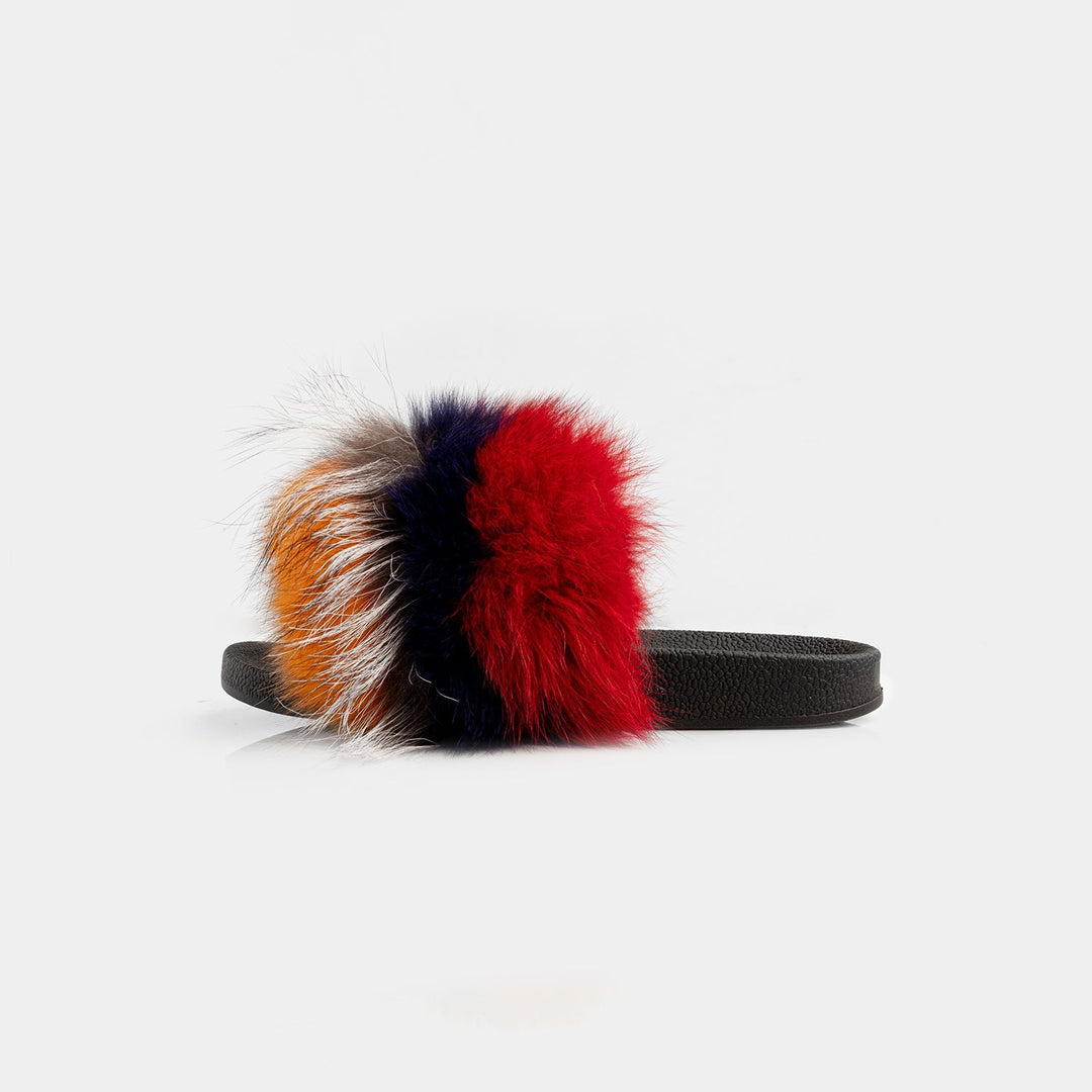 Comode pantofole da donna calde in pelliccia di volpe tricolore, per il massimo comfort a casa.