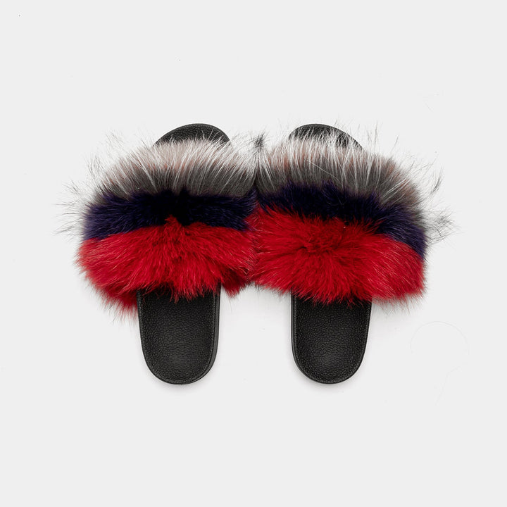 Morbide pantofole da donna tricolore in vera pelliccia di volpe, calde ed eleganti per la tua casa.