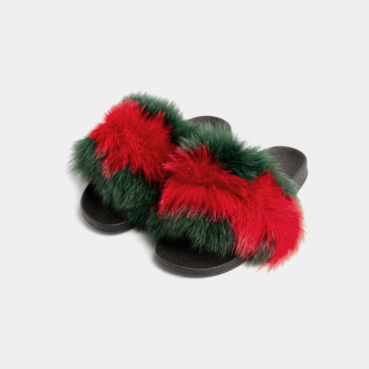 Pantofole donna lusso in pelliccia di volpe, strisce verde e rosso. Perfette per comfort e relax in casa.