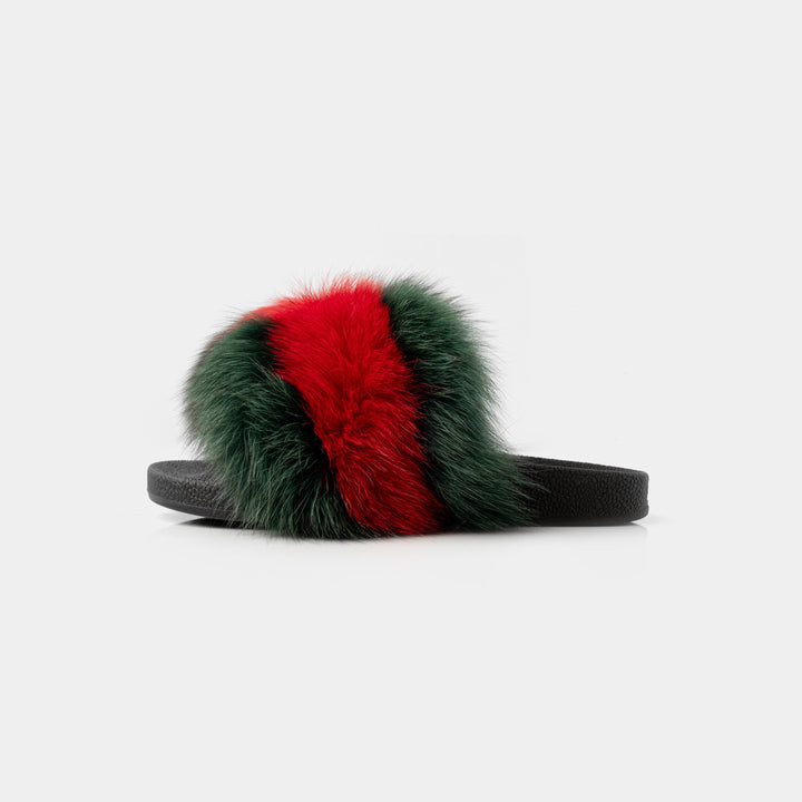 Pantofole donna in soffice pelliccia di volpe, design bicolor verde e rosso. Un tocco di lusso e comfort per la casa.