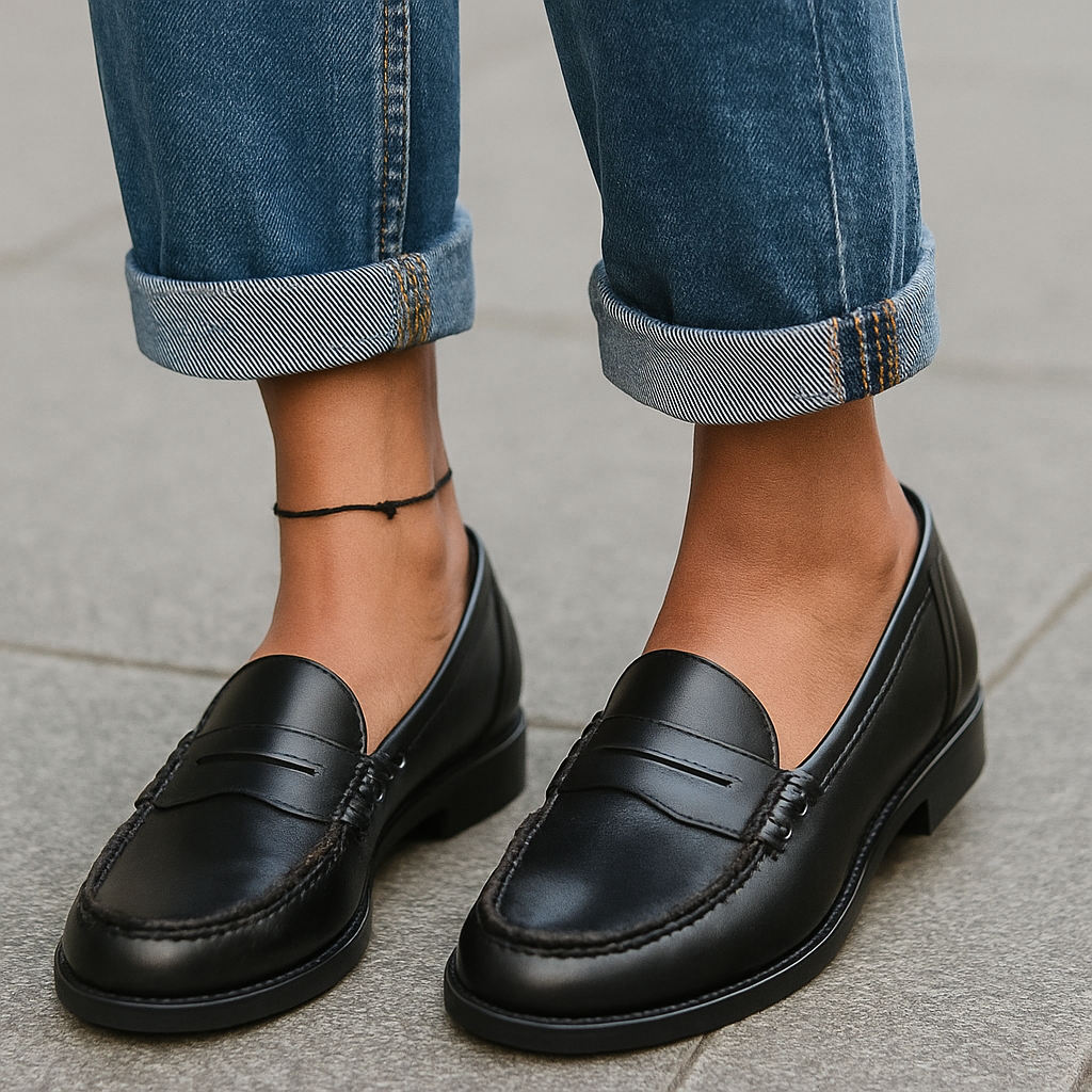 Mocassini donna classici neri in pelle, slip-on con tacco basso. Ideali per comfort quotidiano ed eleganza senza sforzo.