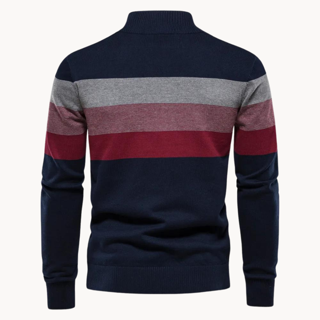 Maglione casual uomo cachi a righe con cerniera. Un capo versatile per la moda uomo, ideale per l'autunno.