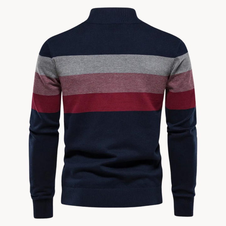 Maglione casual uomo cachi a righe con cerniera. Un capo versatile per la moda uomo, ideale per l'autunno.